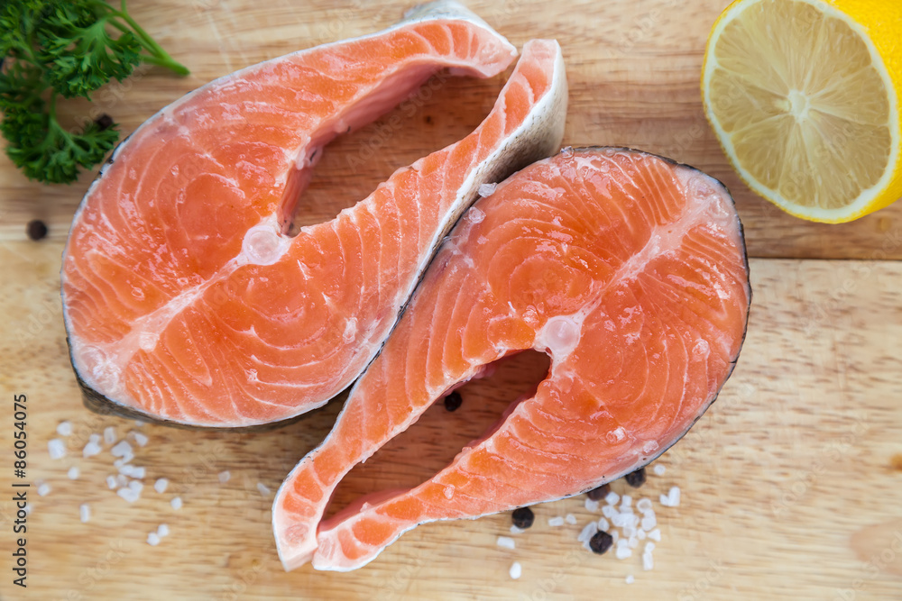 upper view of two salmon steaks
