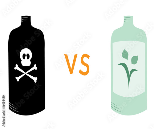 Vector image of two bottles - one toxic and black, the other environmentally friendly and green, with a versus symbol in between