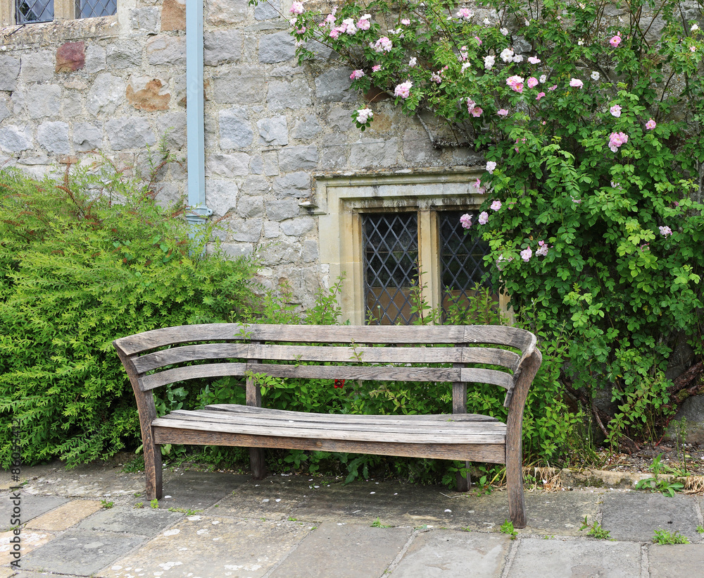 Bench seat in an english garden in early Spring Bench seat in an english garden in early Spring
