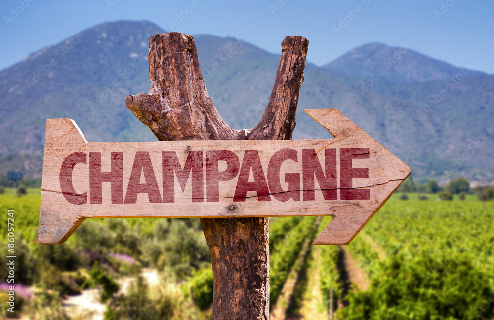 Champagne wooden sign with winery background
