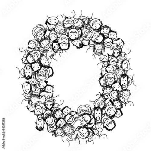 Letter O, people crowd, vector alphabet design