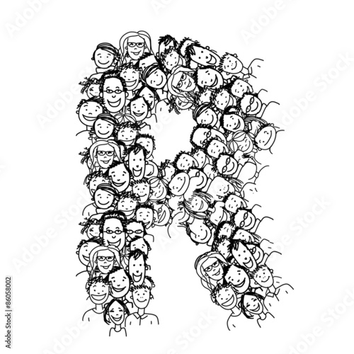Letter R, people crowd, vector alphabet design