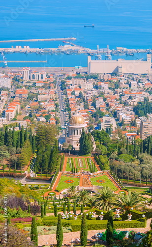 Haifa. View on the Bahai gardens and port