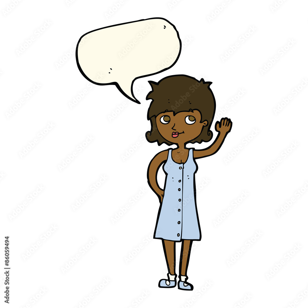 cartoon pretty woman waving with speech bubble cartoon pretty woman waving with speech bubble