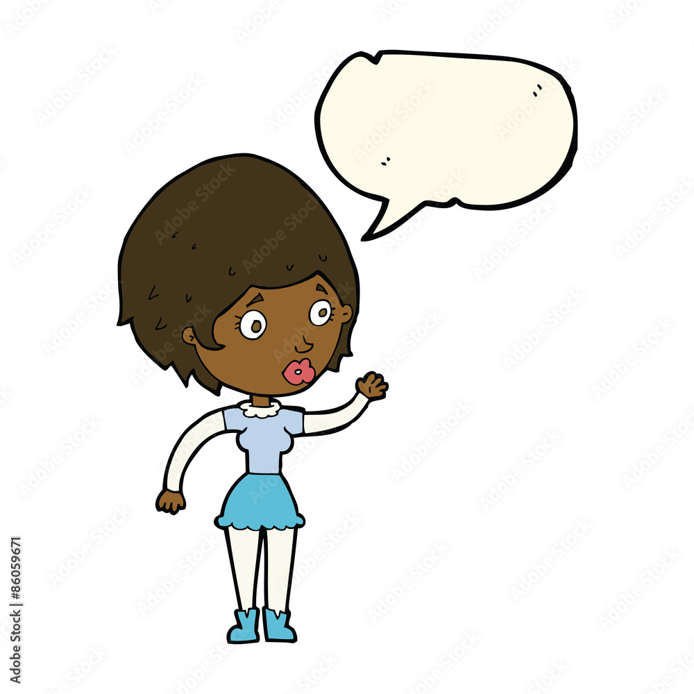 cartoon woman waving with speech bubble cartoon woman waving with speech bubble