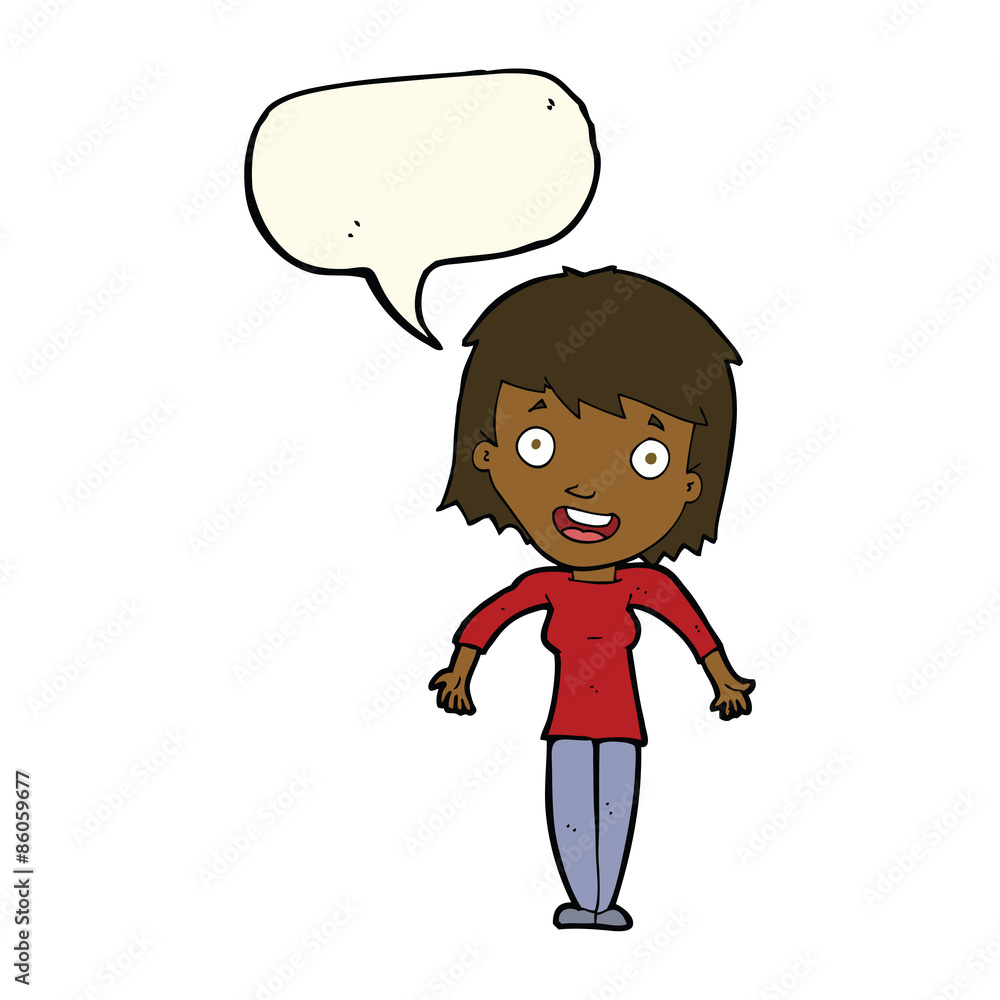 cartoon woman shrugging shoulders with speech bubble cartoon woman shrugging shoulders with speech bubble