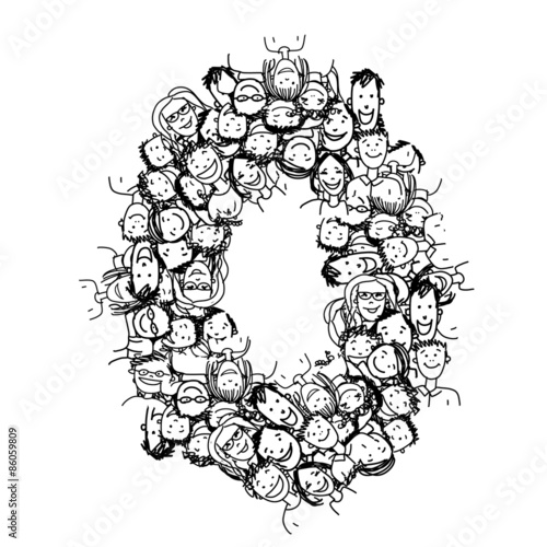 Number zero, people crowd, vector alphabet design