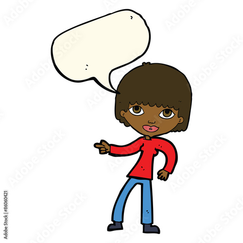 cartoon woman pointing with speech bubble