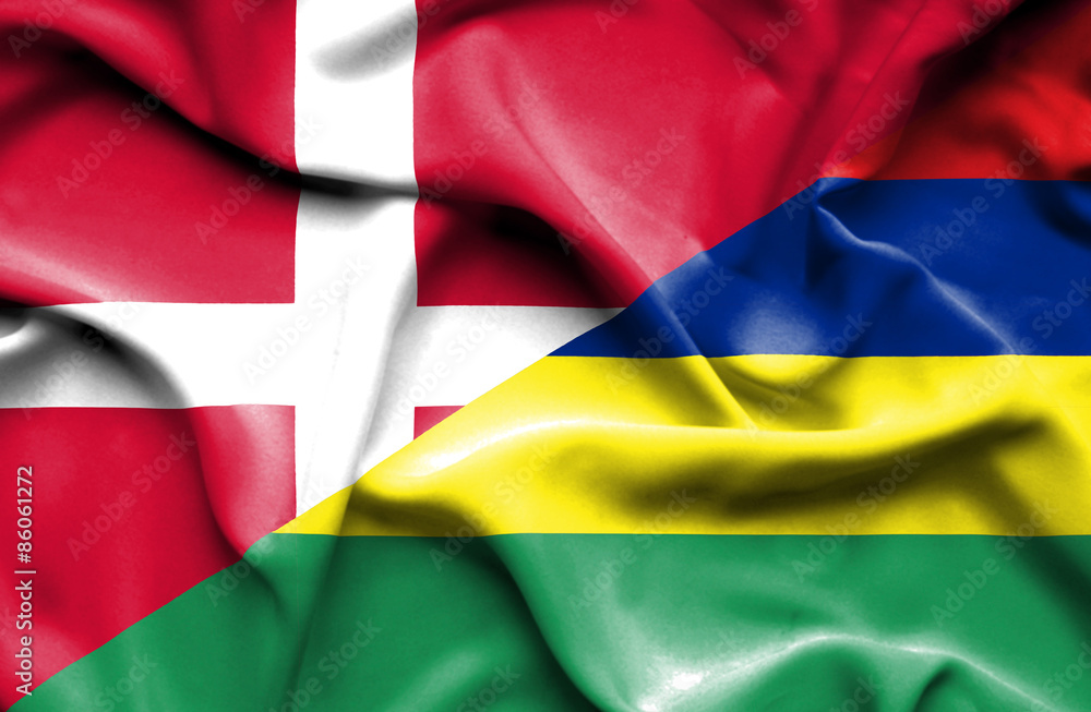 Waving flag of Mauritius and Denmark
