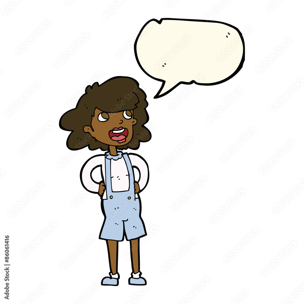 cartoon woman in dungarees with speech bubble cartoon woman in dungarees with speech bubble