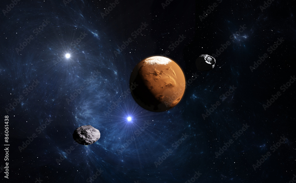 Obraz premium Planet Mars with moon, illustration