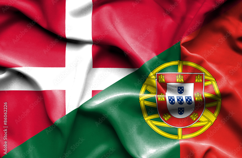 Waving flag of Portugal and Denmark