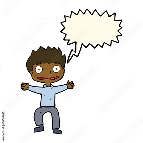 cartoon grinning boy with speech bubble