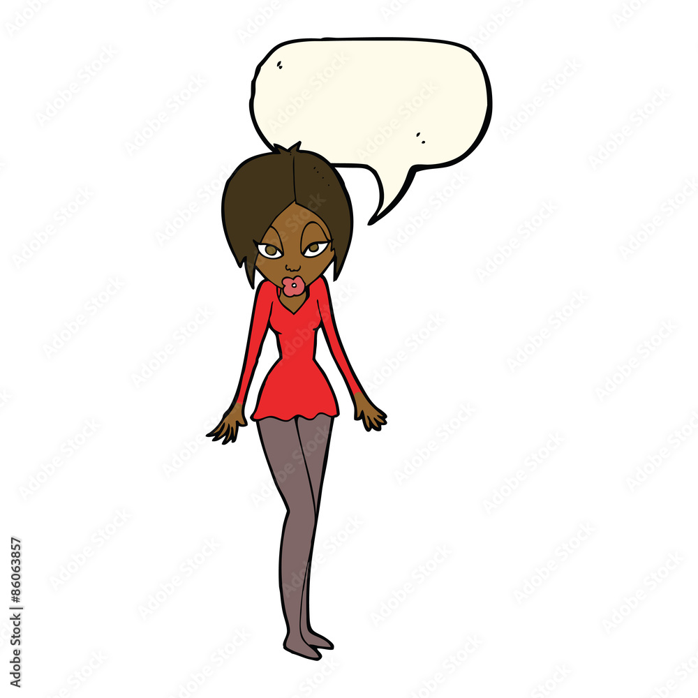 cartoon woman in short dress with speech bubble cartoon woman in short dress with speech bubble