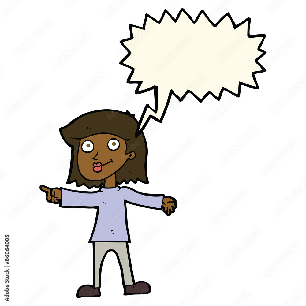 cartoon happy woman pointing with speech bubble cartoon happy woman pointing with speech bubble
