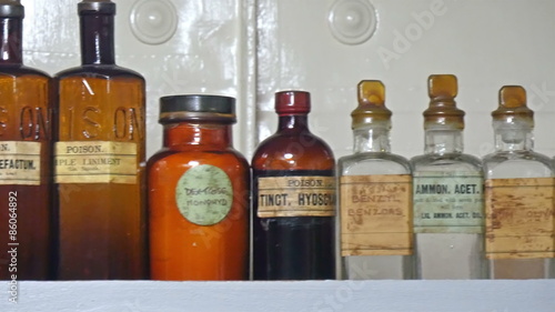 Different kinds of poisons and chemicals on the bottles. The bottle caps are brown in color and is sealed properly