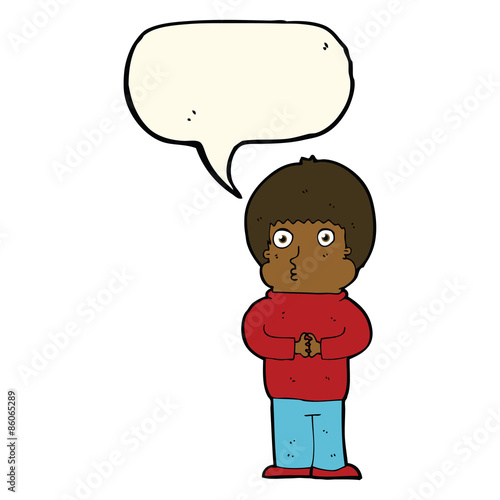 cartoon shy boy with speech bubble