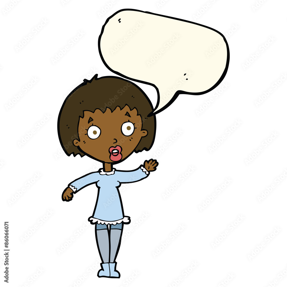 cartoon waving woman with speech bubble cartoon waving woman with speech bubble