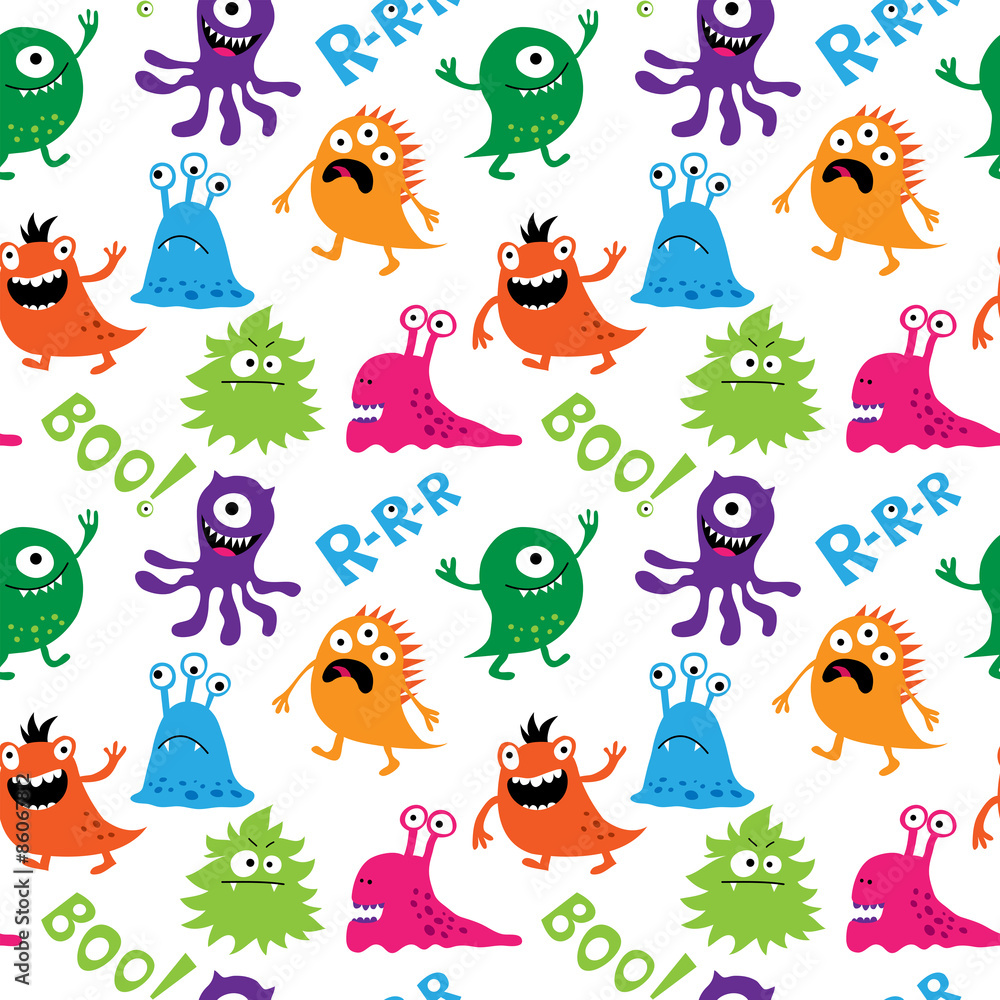 Fototapeta premium Seamless pattern with cute monsters and inscriptions