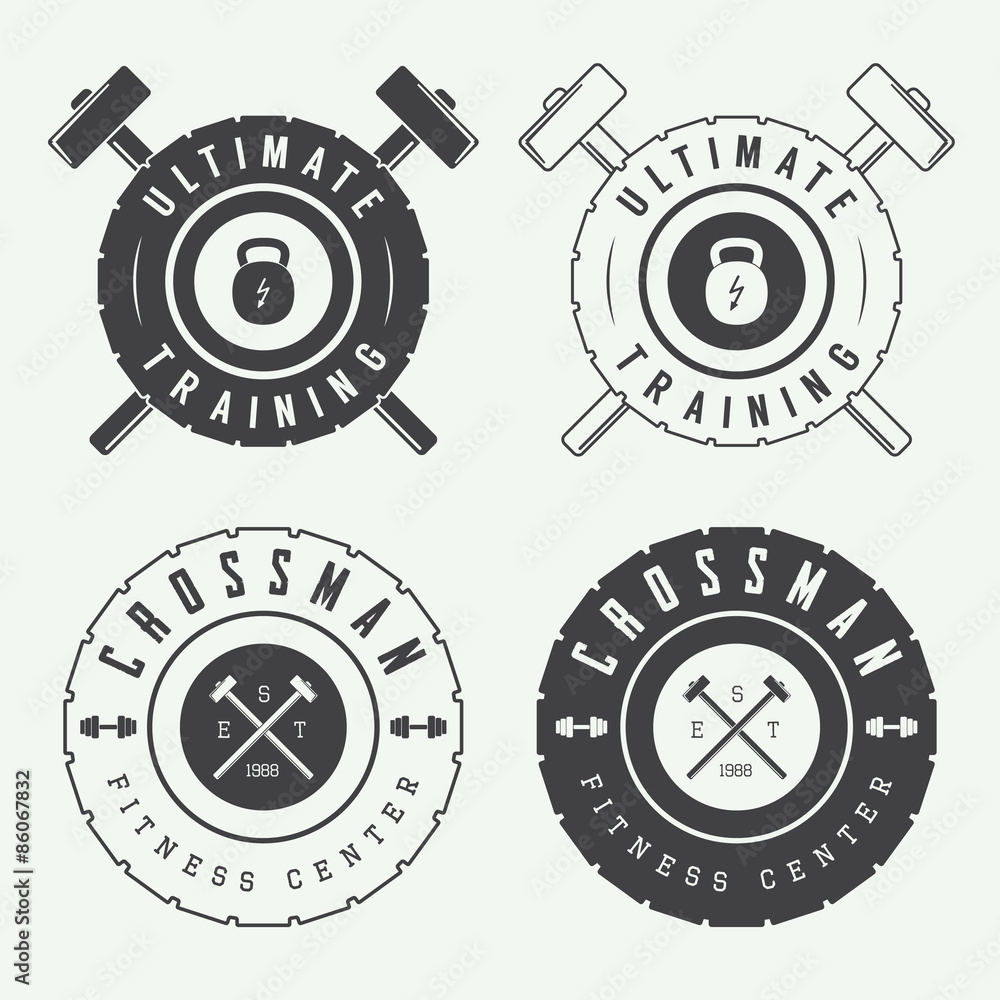 Set of gym logos, labels and slogans in vintage style Set of gym logos, labels and slogans in vintage style