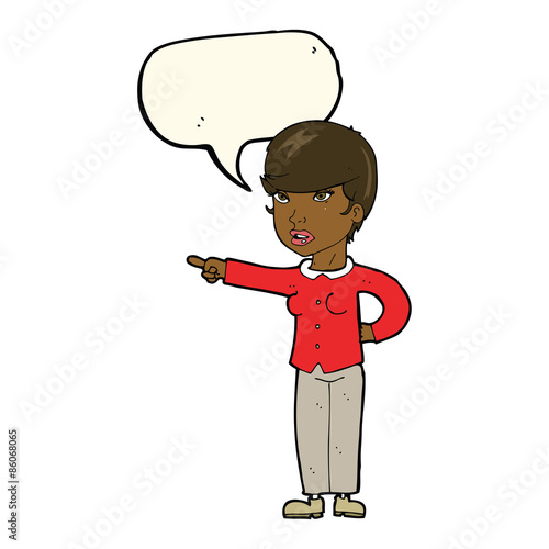 cartoon woman pointing finger of blame with speech bubble