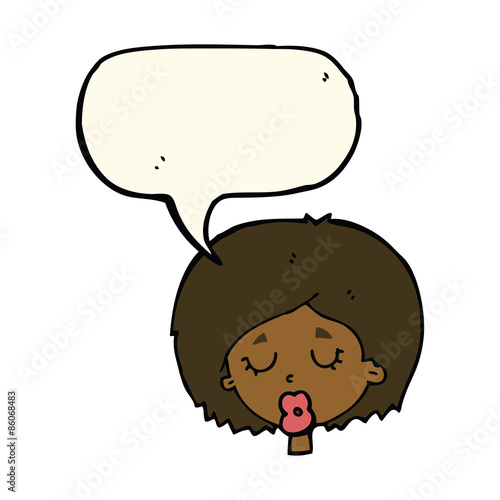 cartoon woman with eyes closed with speech bubble