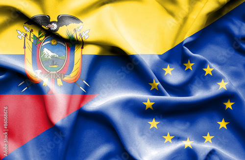 Waving flag of European Union and Ecuador