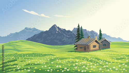 stock Vector illustration. Mountain alpine landscape with houses.