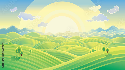 Sunny hilly landscape. Vector illustration can be used as background.