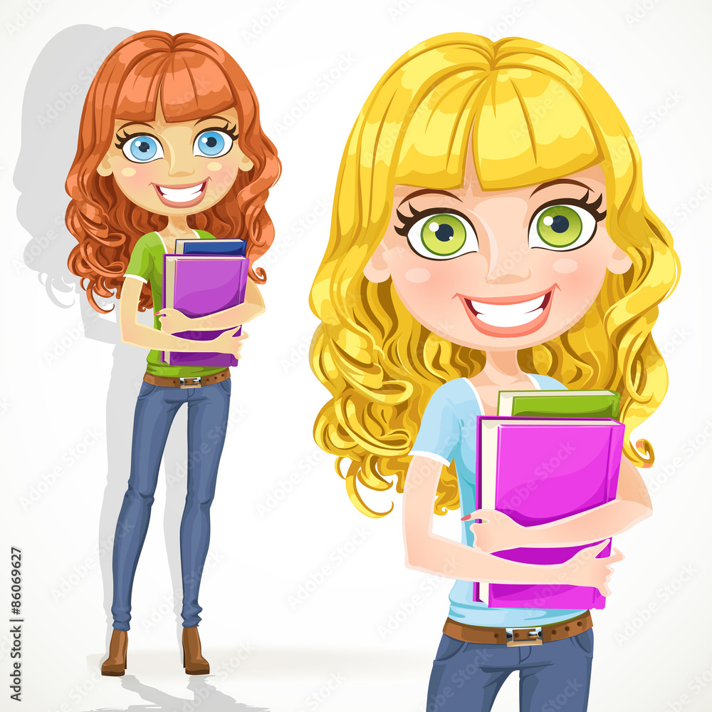 Cute teen girl with wavy hair keeps books Cute teen girl with wavy hair keeps books