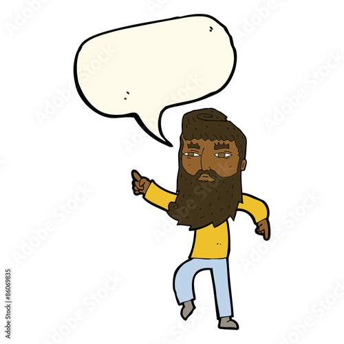 cartoon bearded man pointing the way with speech bubble
