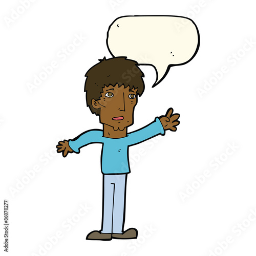 cartoon worried man reaching out with speech bubble