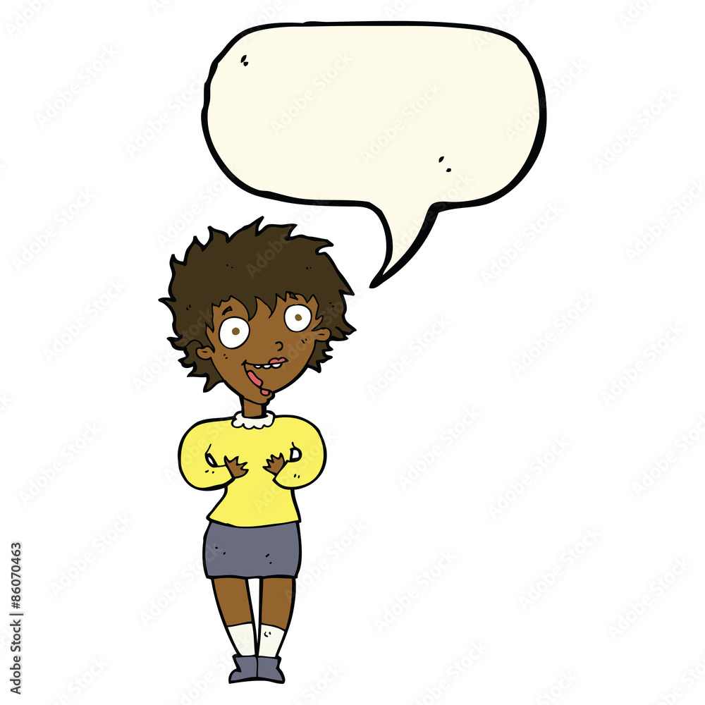 cartoon excited woman with speech bubble