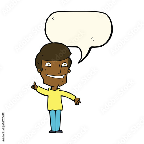 cartoon grinning man with idea with speech bubble