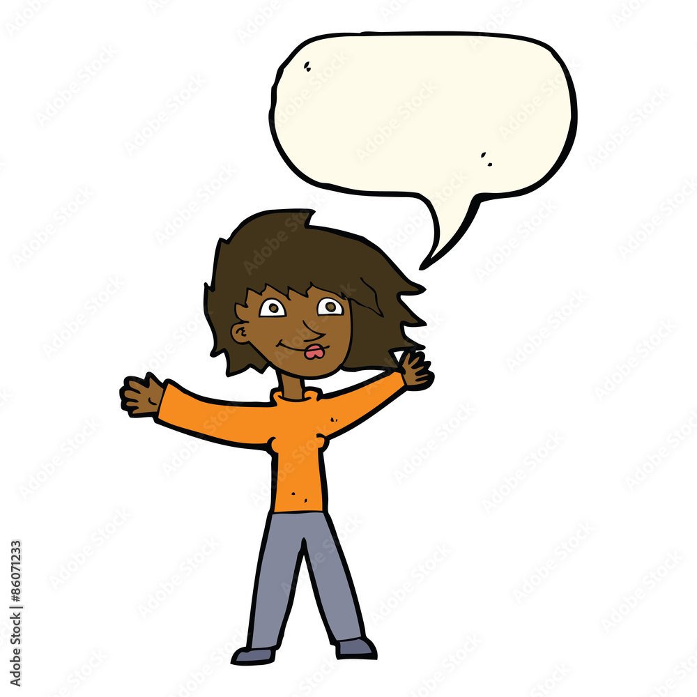 cartoon excited woman waving with speech bubble cartoon excited woman waving with speech bubble