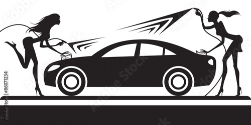 Car wash with fashion models - vector illustration