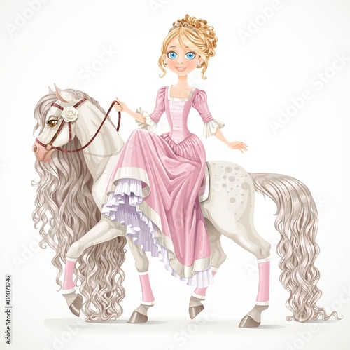 Cute princess on a white horse with a long mane isolated on a wh