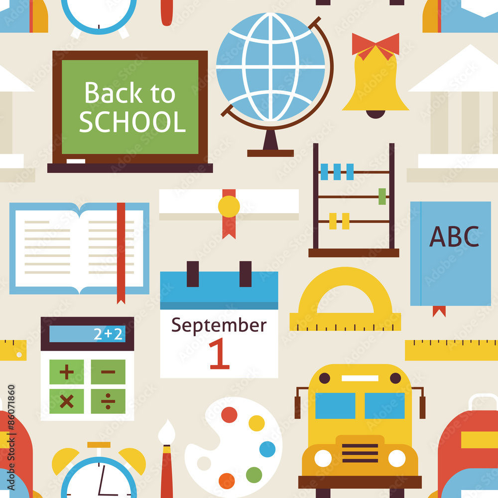 Vector Flat Seamless Pattern Back to School Objects over Beige Vector Flat Seamless Pattern Back to School Objects over Beige
