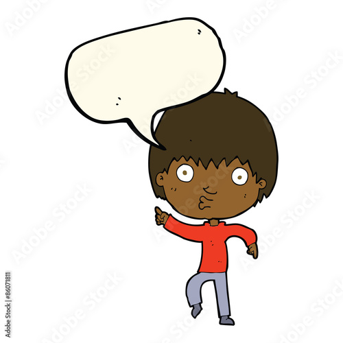 cartoon impressed boy pointing with speech bubble