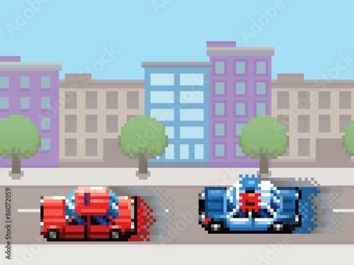 police car chase pixel art video game style retro illustration