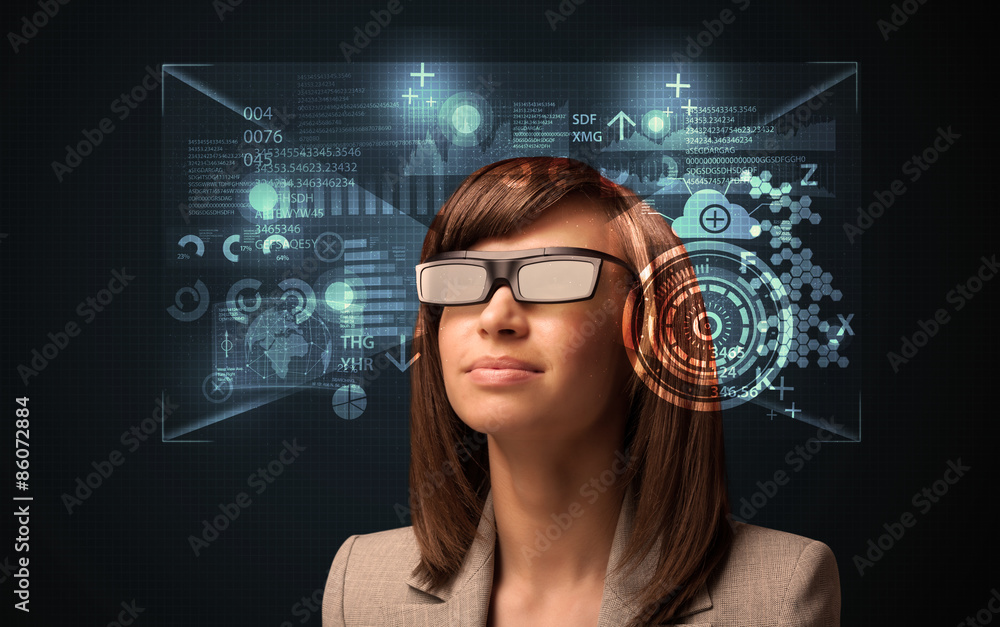 Young woman looking with futuristic smart high tech glasses Young woman looking with futuristic smart high tech glasses