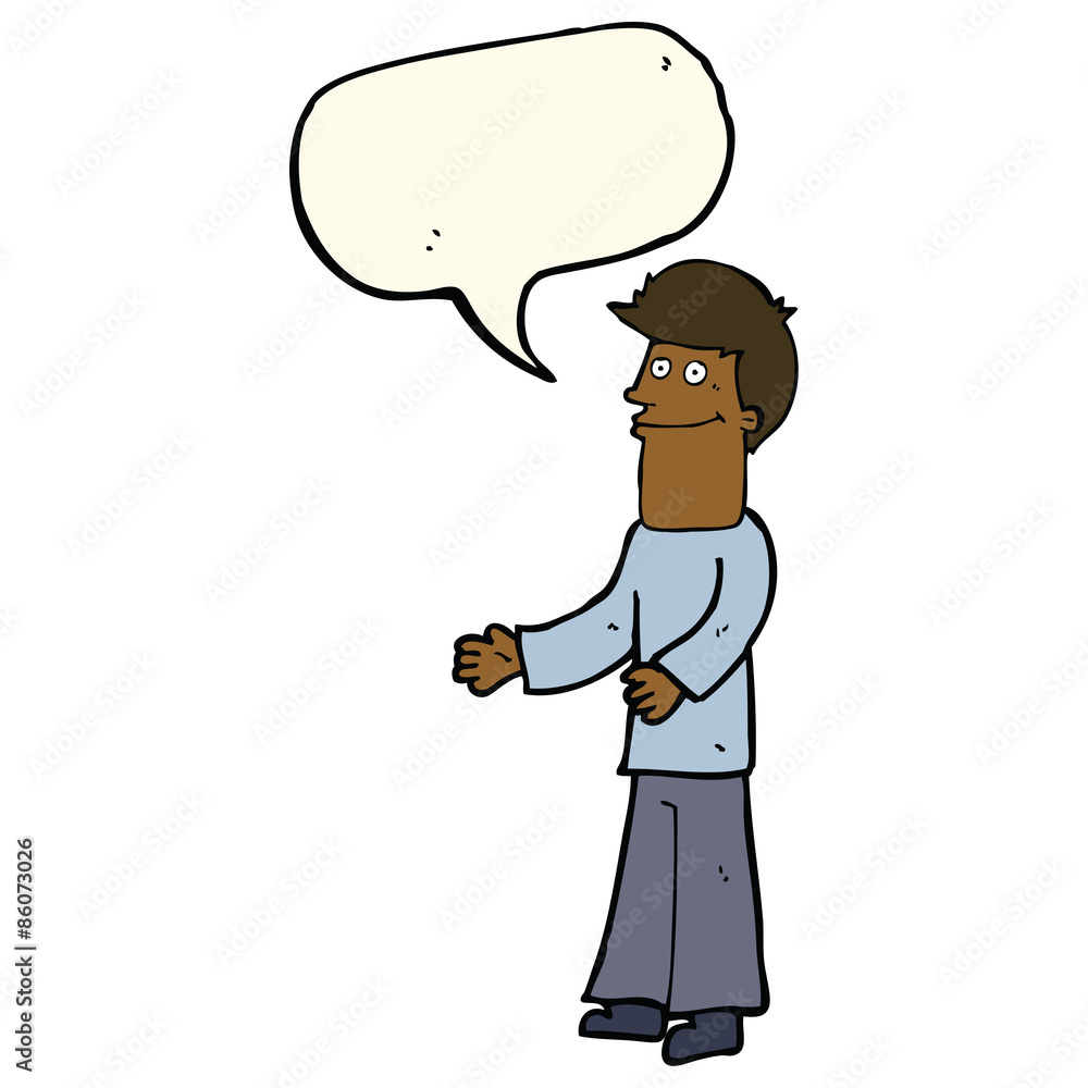 cartoon man shrugging shoulders with speech bubble