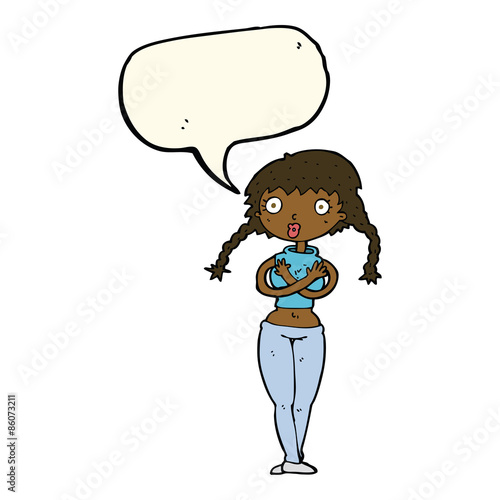 cartoon offended woman covering herself with speech bubble