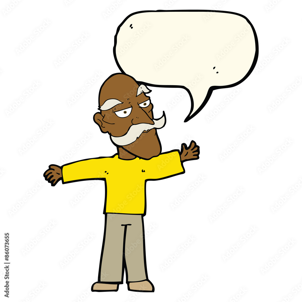 cartoon old man spreading arms wide with speech bubble