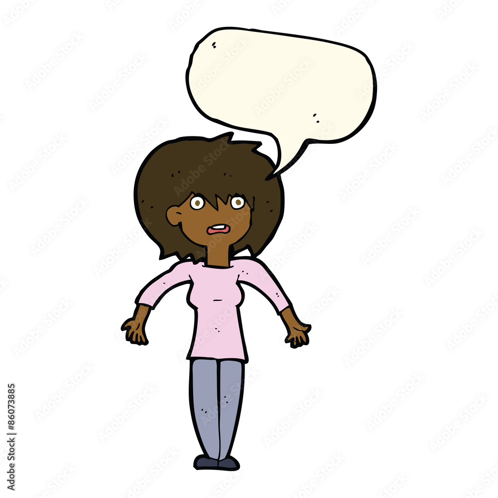 cartoon woman shrugging shoulders with speech bubble cartoon woman shrugging shoulders with speech bubble