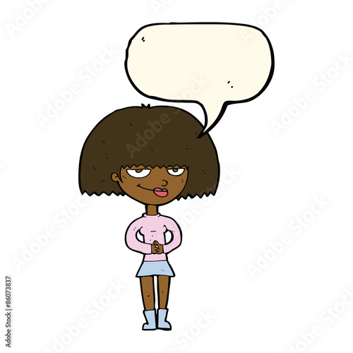 cartoon sly woman with speech bubble