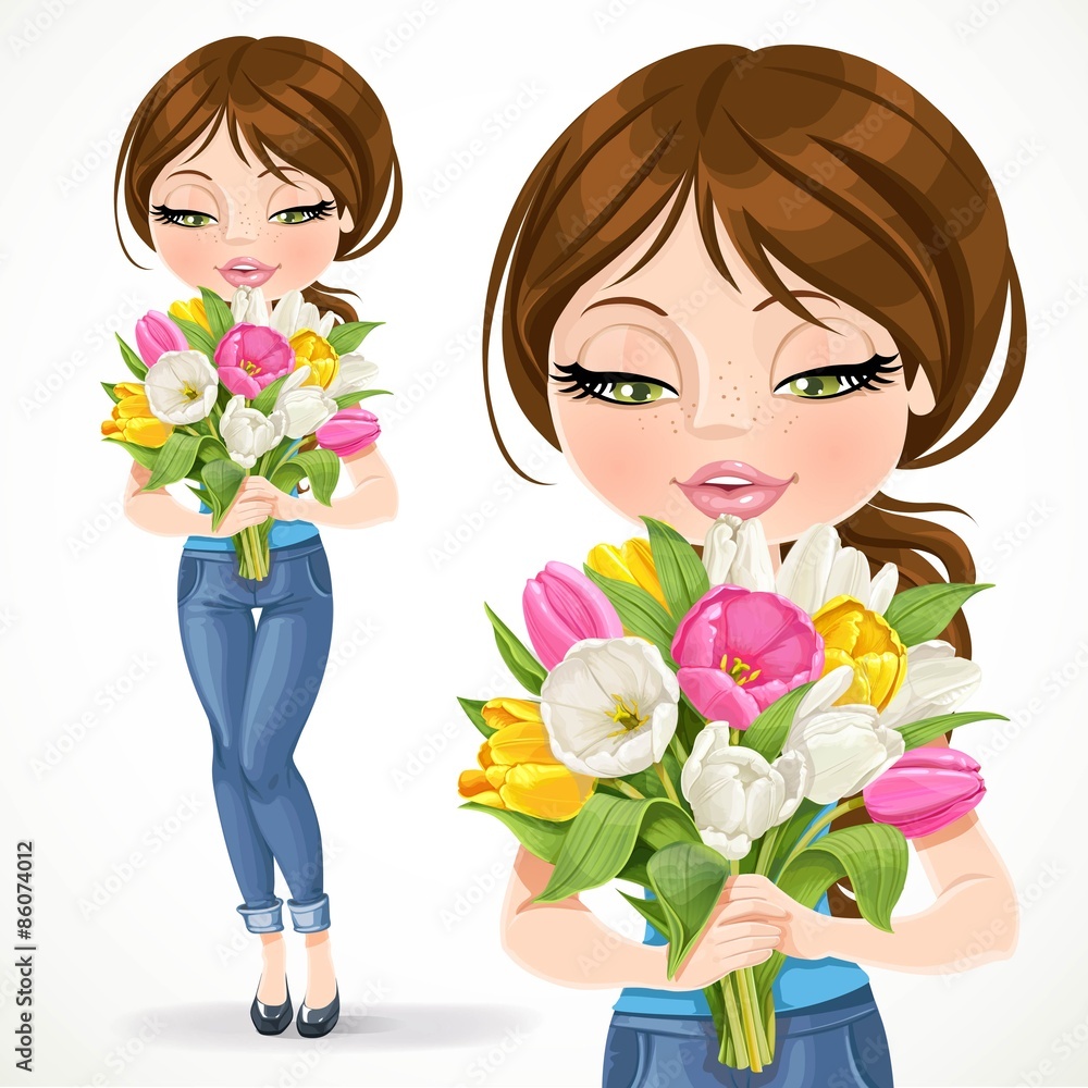 Cute brunette girl holding beautiful bouquet of pink, yellow, wh
