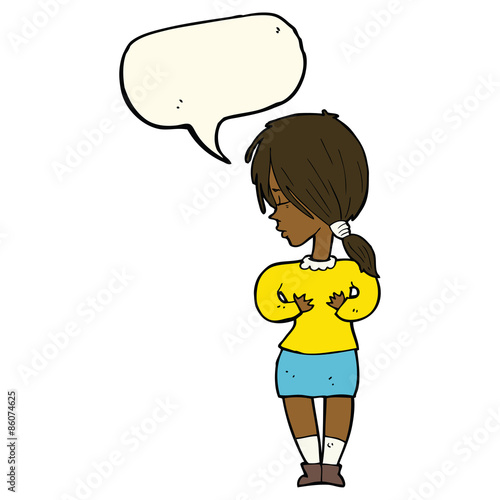 cartoon shy woman with speech bubble