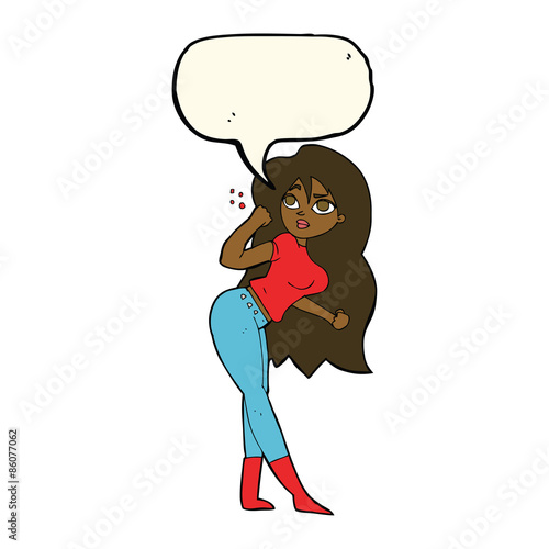 cartoon woman raising fist with speech bubble