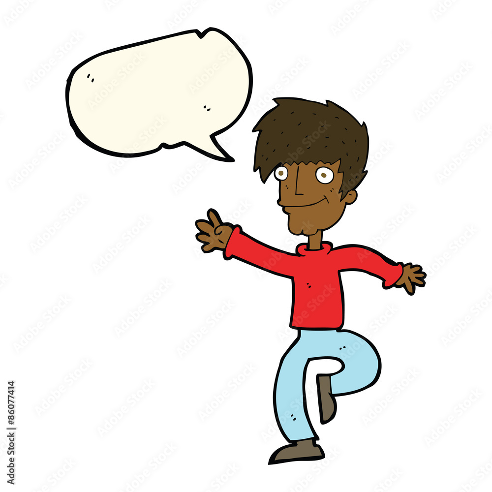 Fototapeta premium cartoon happy man dancing with speech bubble